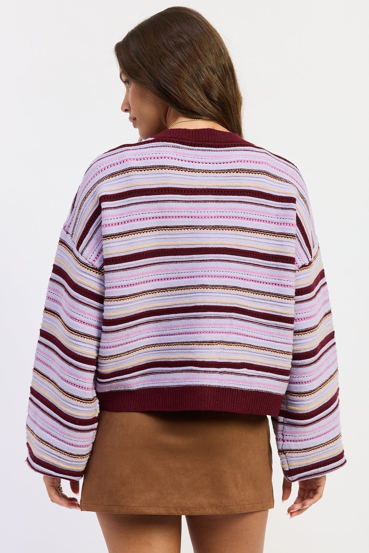 Back view of striped cardigan with button placket, purple-burgundy multi stripes