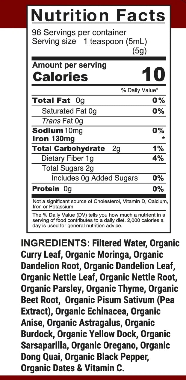 Organic Herbal Iron Formula bottle nutrition facts and ingredient label
