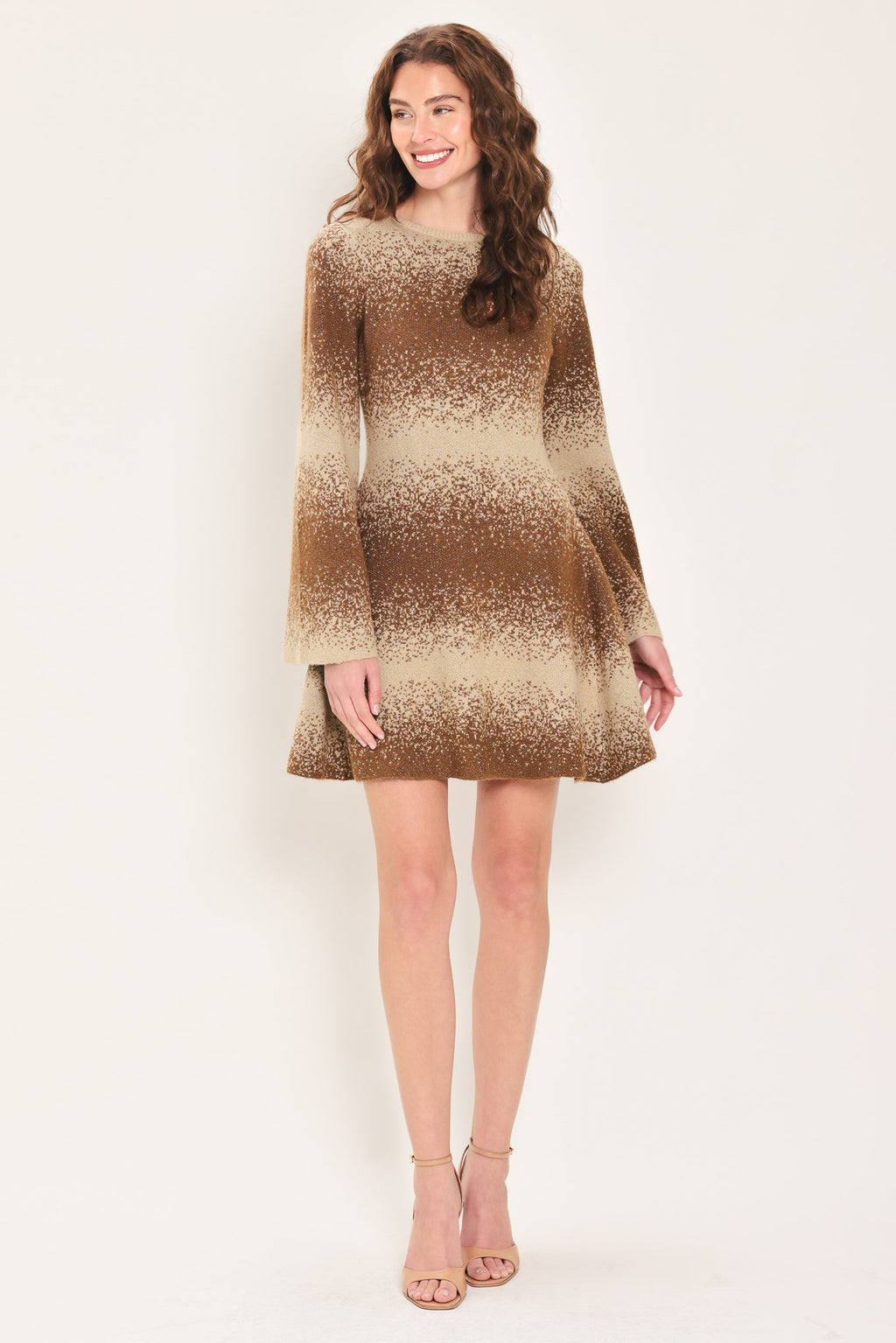 Brown shimmer mini dress with flared bell sleeves and crew neck, full length view