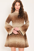 Shimmer mini dress in brown speckle with flared bell sleeves, crew neckline