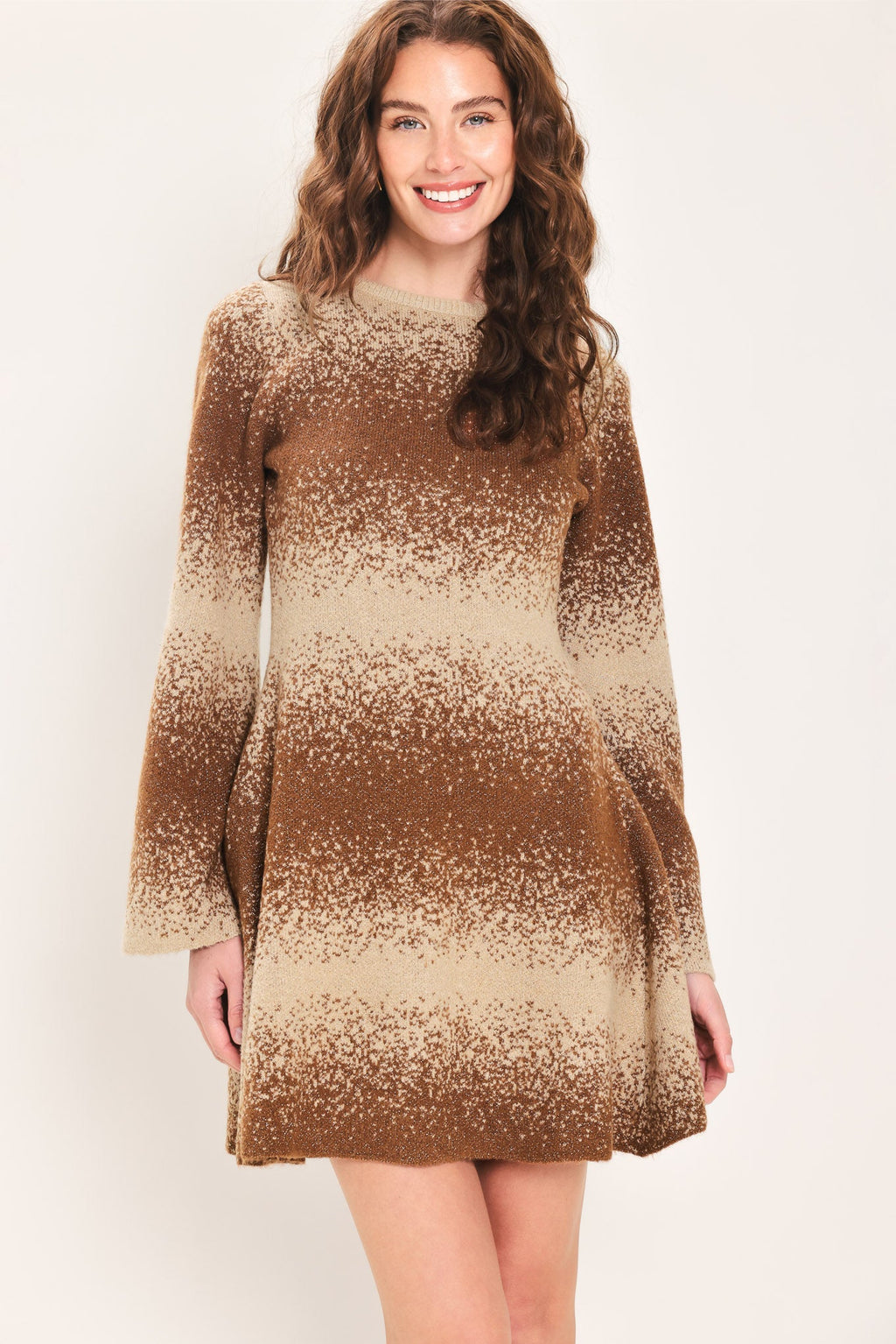 Shimmer mini dress with flared bell sleeves and crew neck, straight-on full view