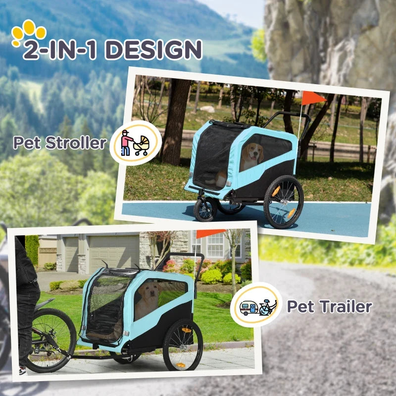 2-in-1 pet stroller and bike trailer design graphic with dog inside mesh cabin