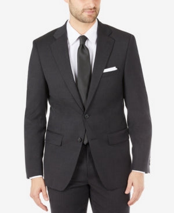 Men's wool suit jacket front, dark charcoal, two-button closure and flap pockets
