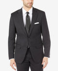 Men's wool suit jacket front, dark charcoal, two-button closure and flap pockets