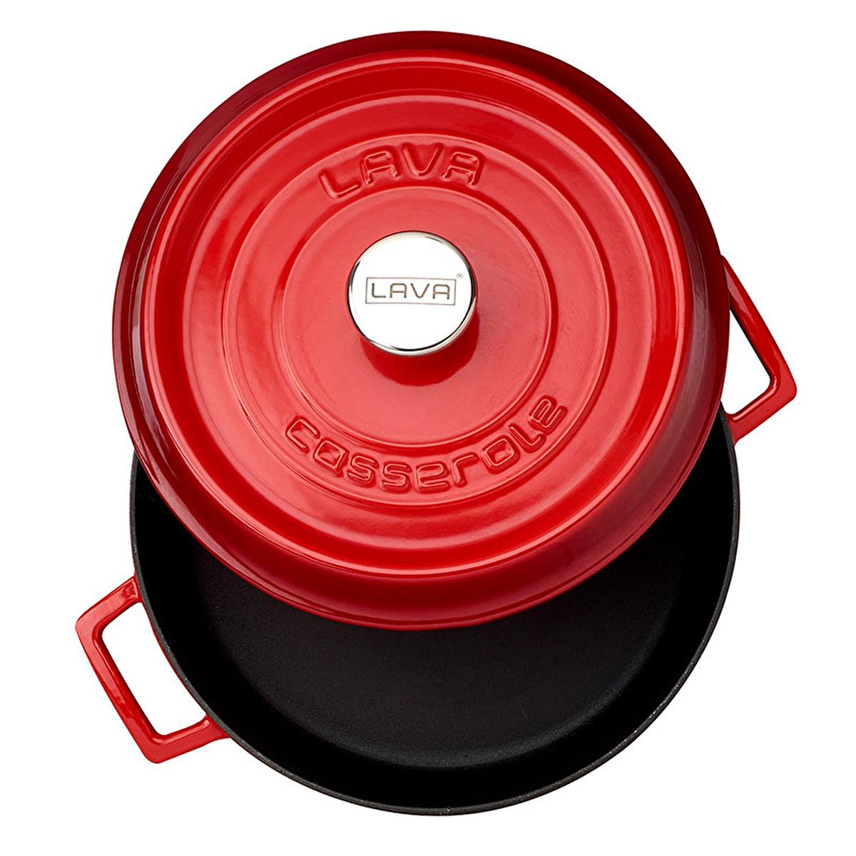 Red enamel cast iron pot lid with LAVA logo and knob, black inner base