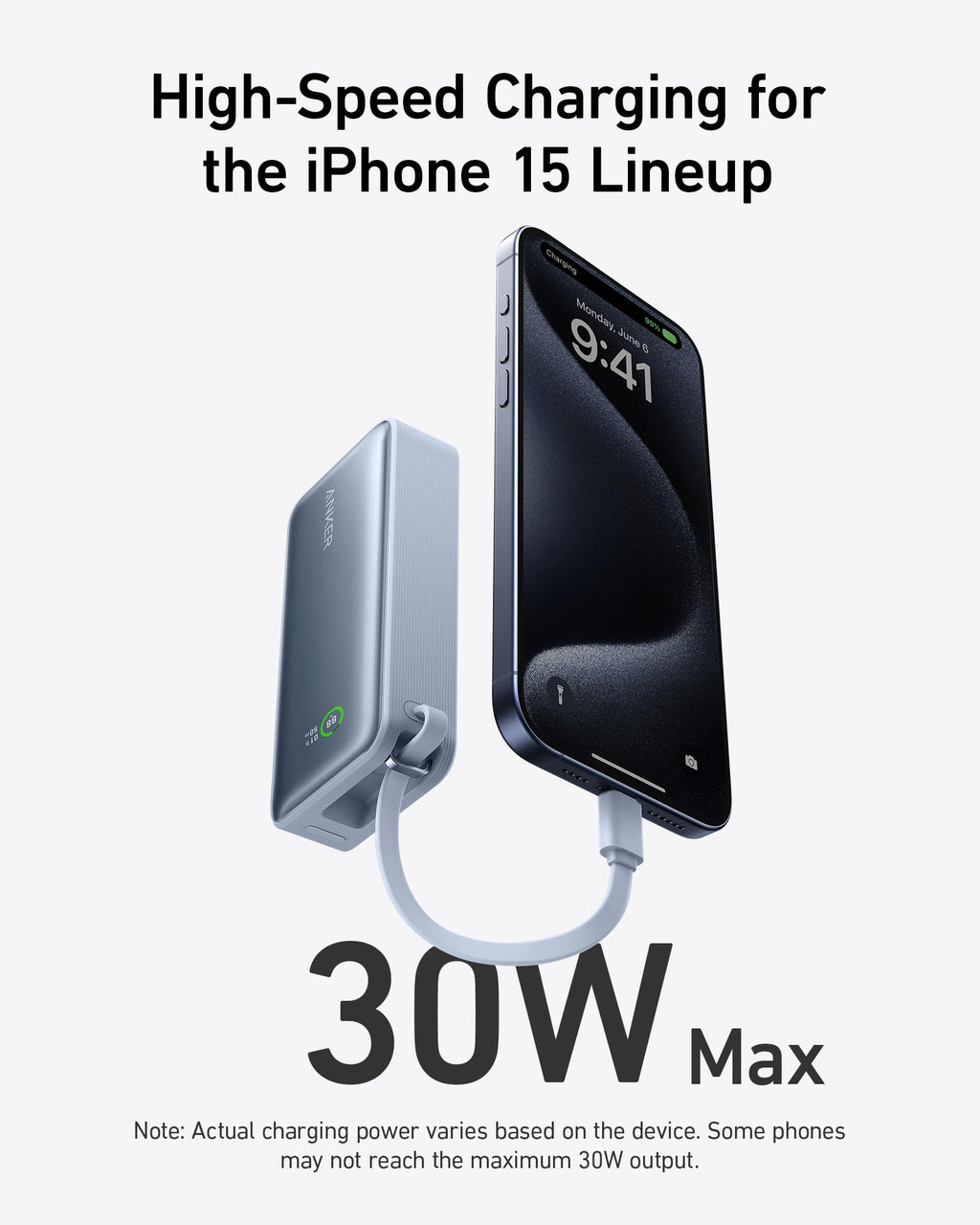 Light blue 30W Anker Nano power bank with built-in USB-C cable, shown charging a phone