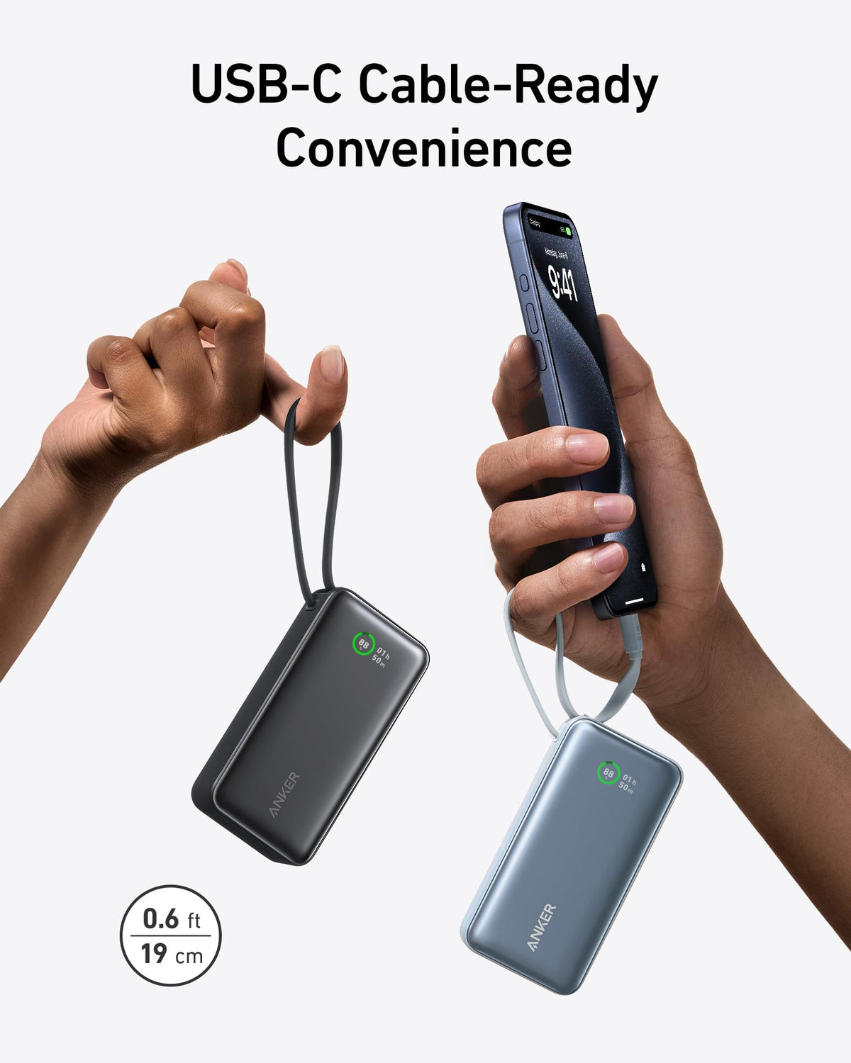 Compact power bank with built-in USB-C cable in dark gray and light blue colors