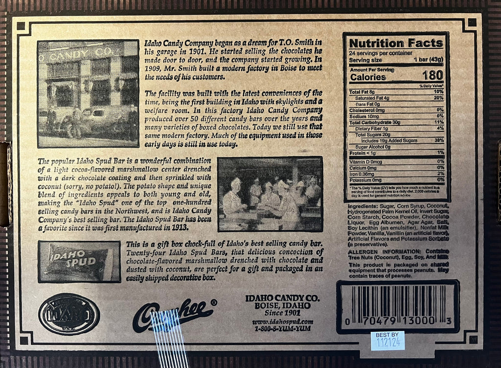 Candy box back panel with nutrition facts and barcode label
