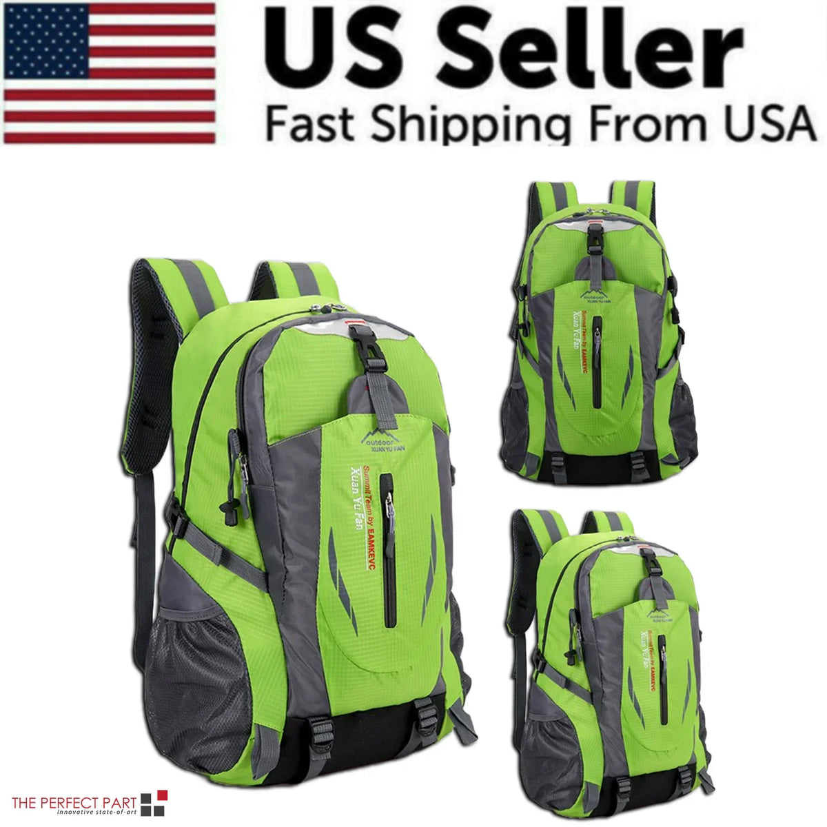 Bright green travel backpack with gray accents, front zipper, padded straps, side mesh pockets