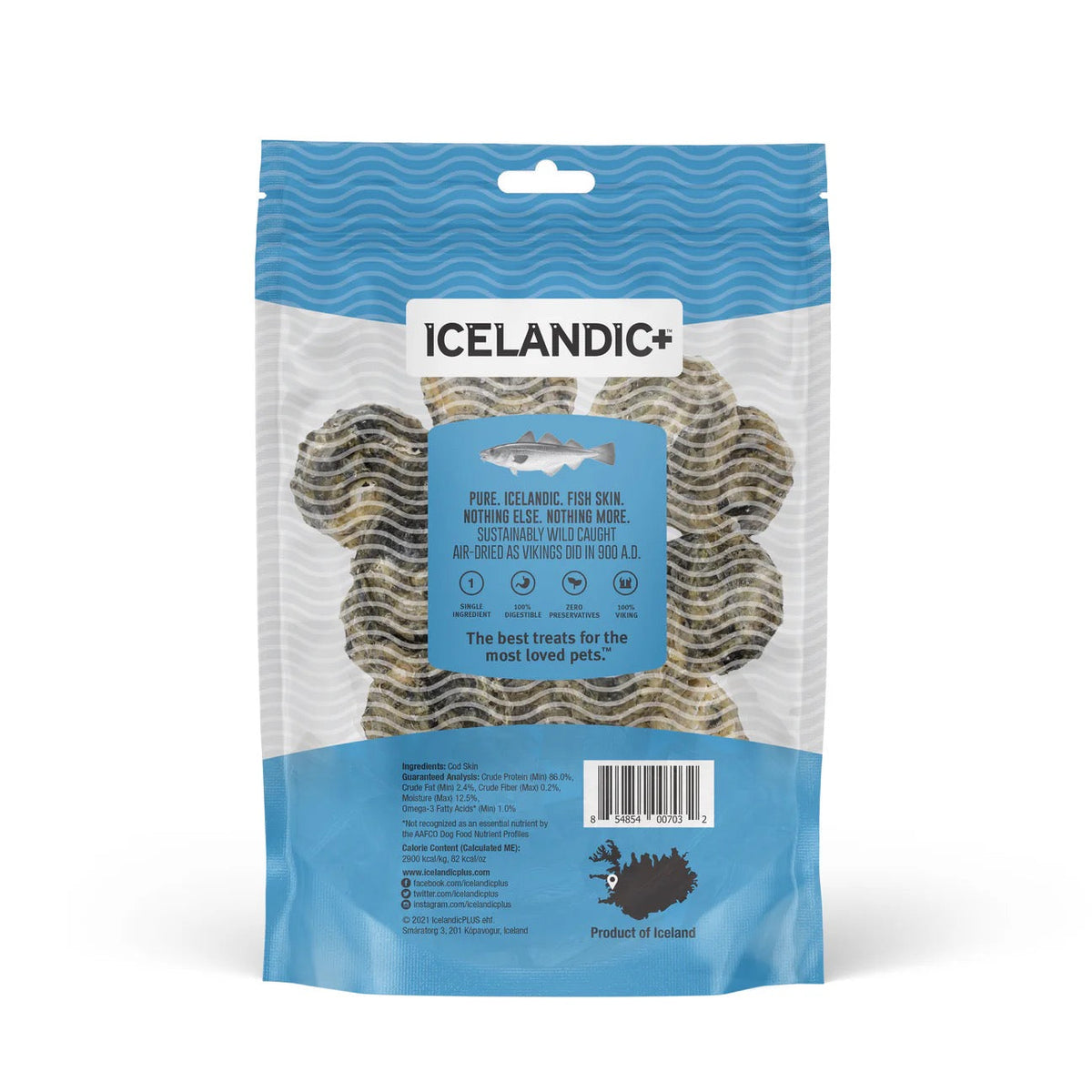 Icelandic+ cod skin rolls dog treat bag back with blue whale graphic