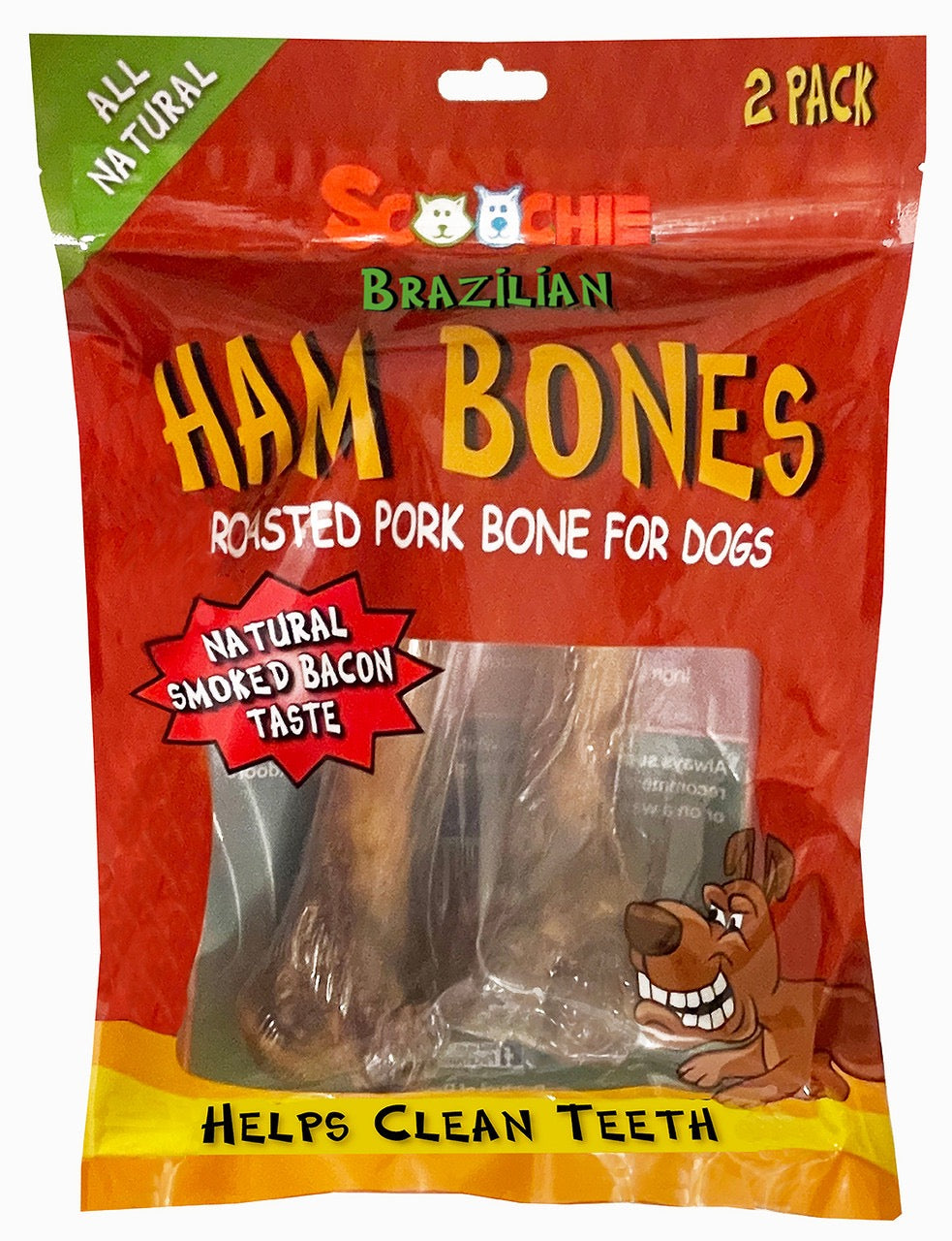 Scoochie ham bones for dogs, Brazilian flavor 2-pack in red package pouch