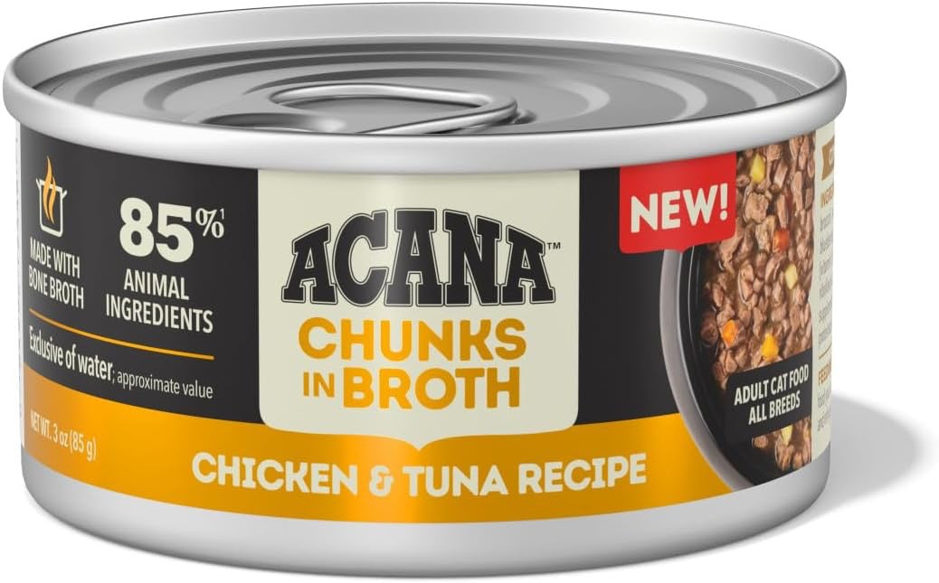 Wet cat food can, Acana chunks in broth chicken and tuna recipe, 3 oz