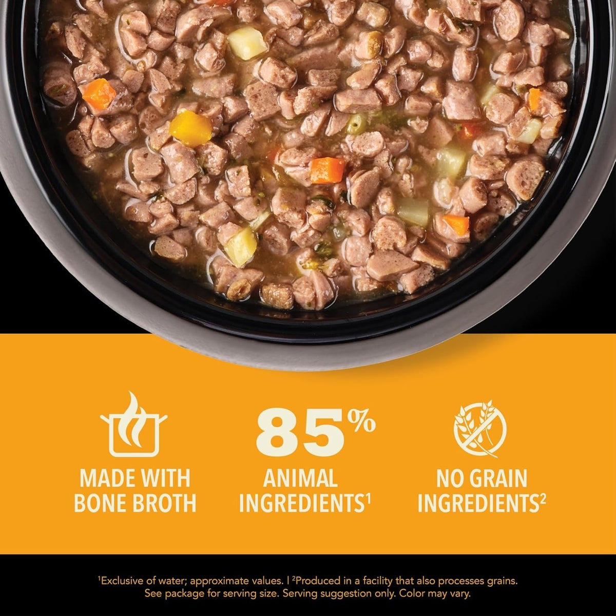 Wet cat food in broth with small meat chunks and mixed vegetable pieces
