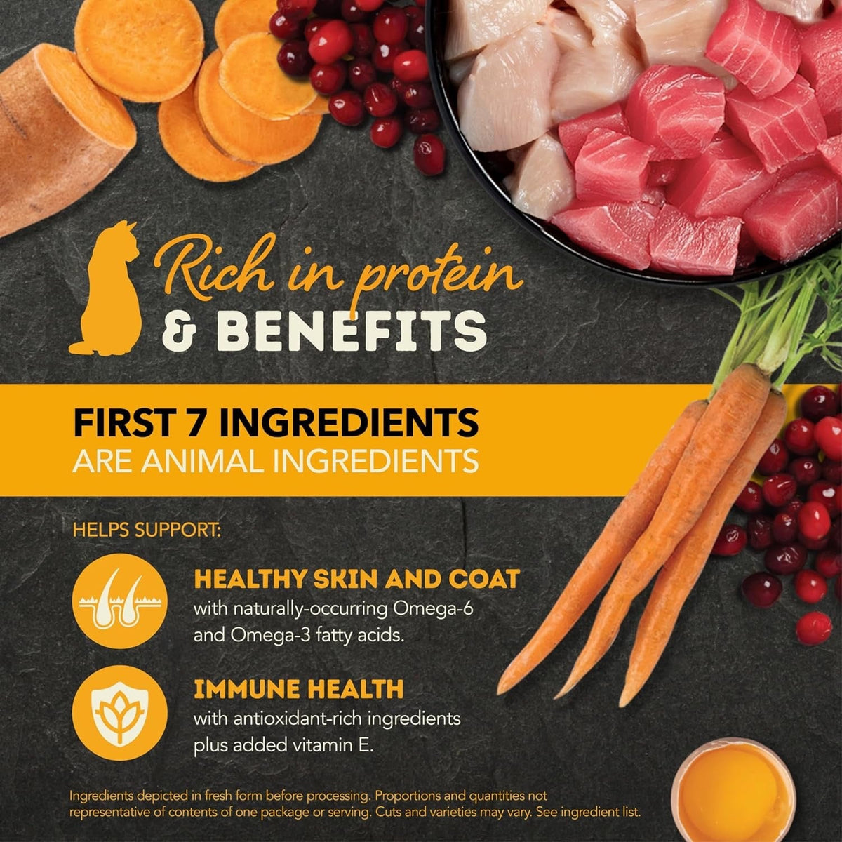Package panel showing meat chunks, broth bowl, and vegetables for wet cat food