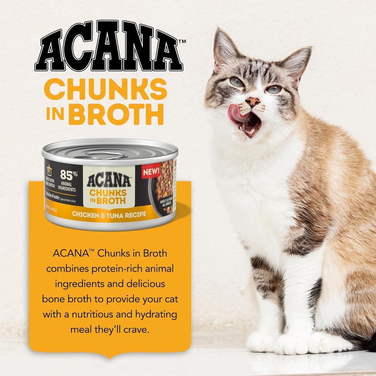 Acana Chunks in Broth wet cat food can with cat on package front