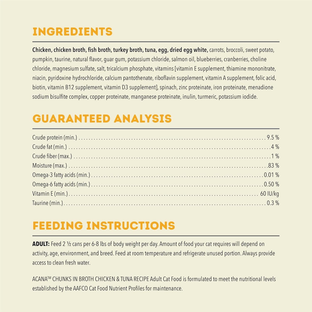 Wet cat food label with ingredients list and guaranteed analysis table