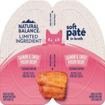 Soft pate in broth wet cat food, salmon & sweet potato recipe, package front