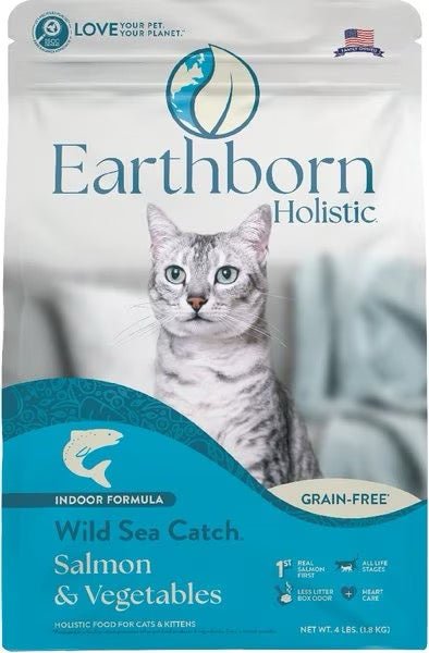 Dry cat food bag front with cat photo and teal grain-free Wild Sea Catch salmon