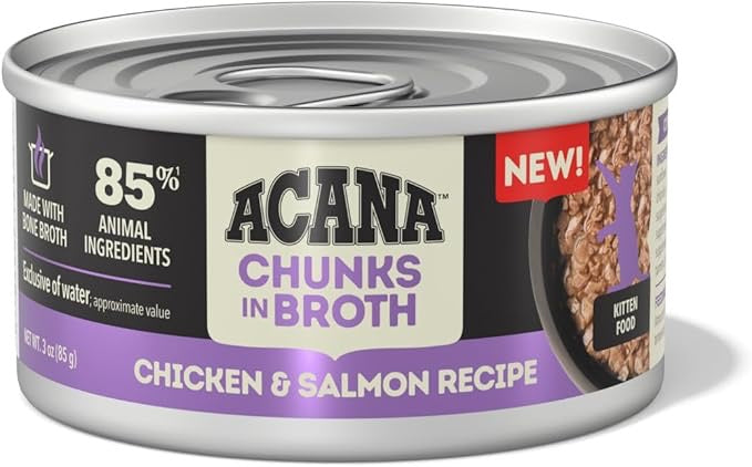 Acana wet cat food can with chunks in broth, kitten chicken & salmon recipe