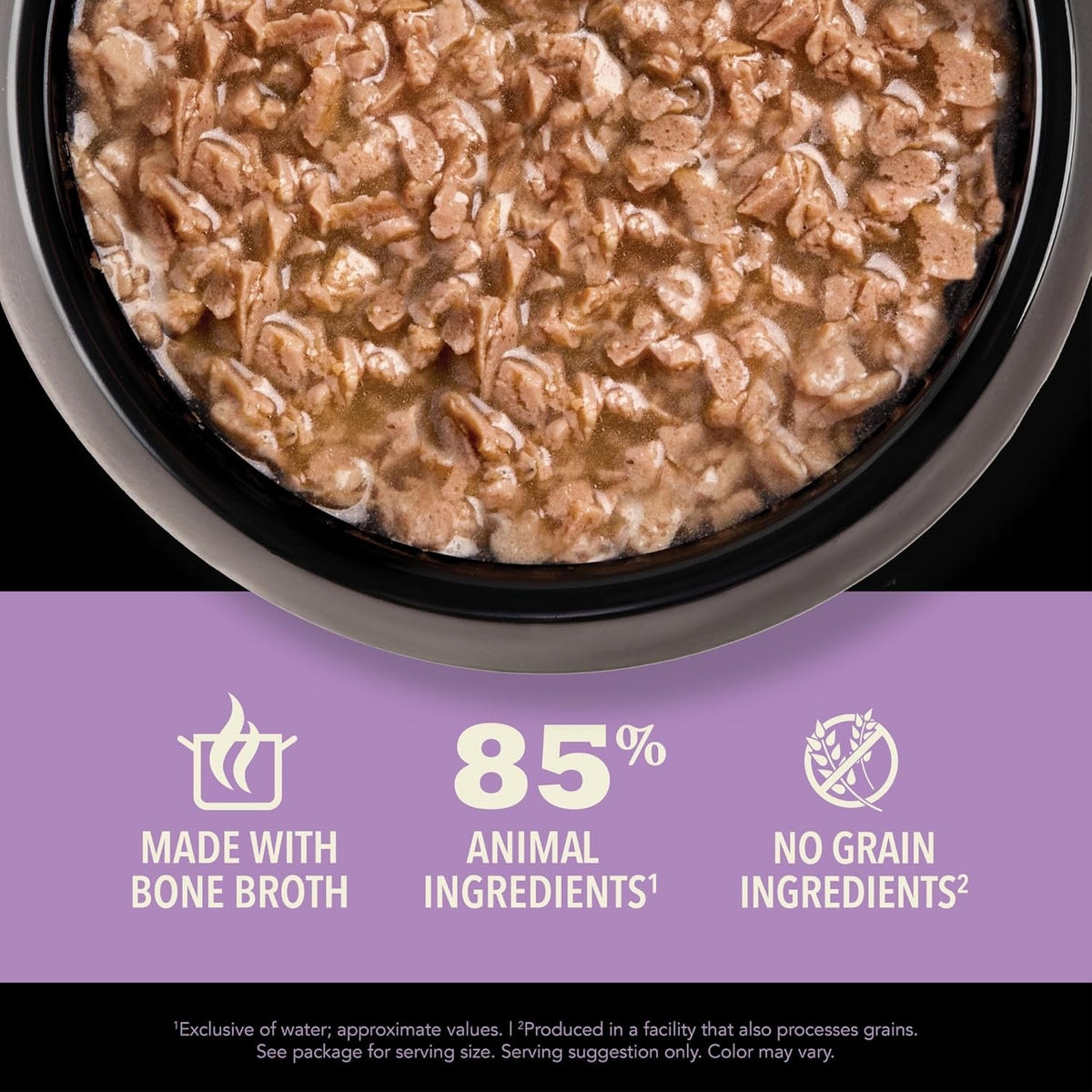 Wet cat food chunks in broth in a bowl, light brown pieces