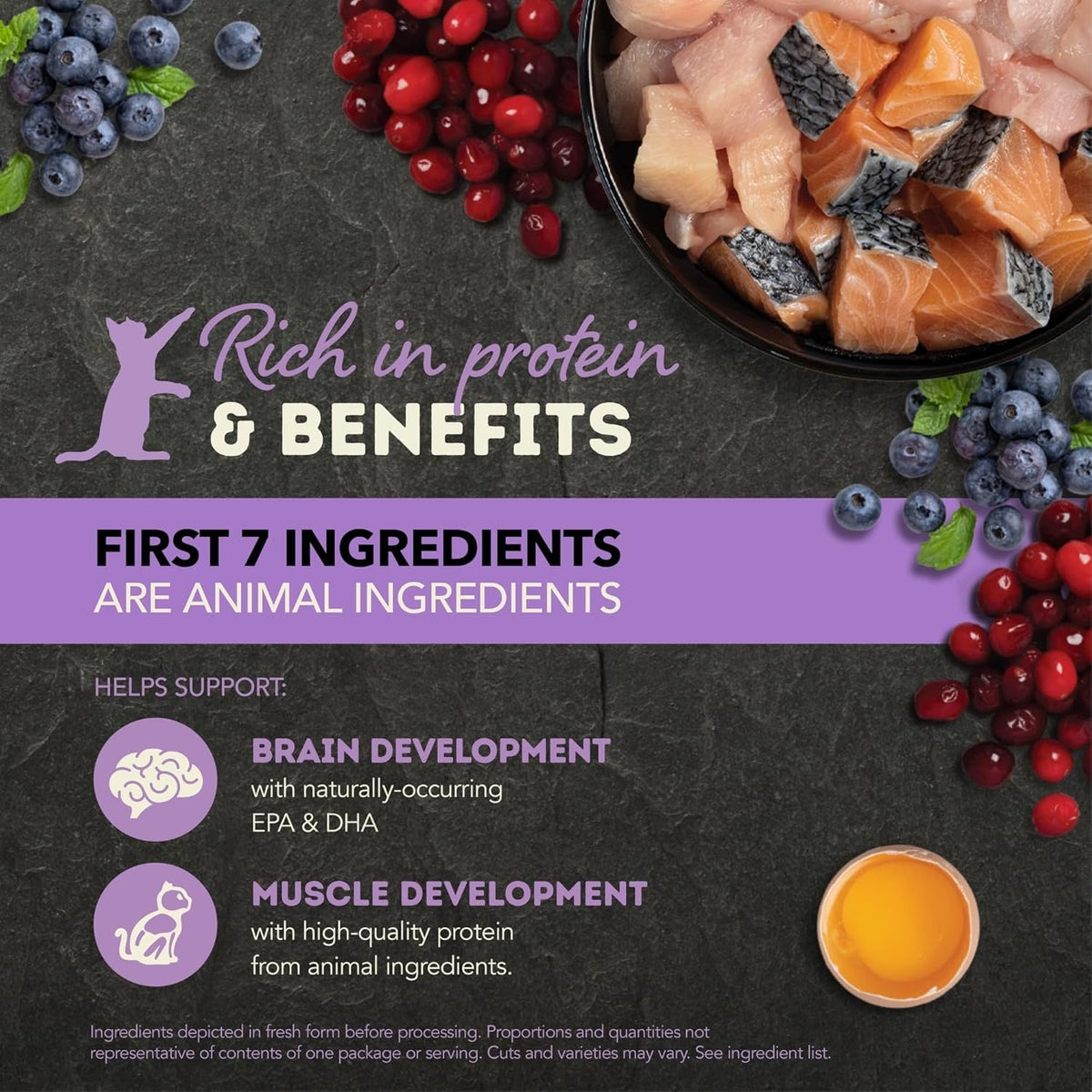 Acana wet cat food label: rich in protein, first seven ingredients are animal