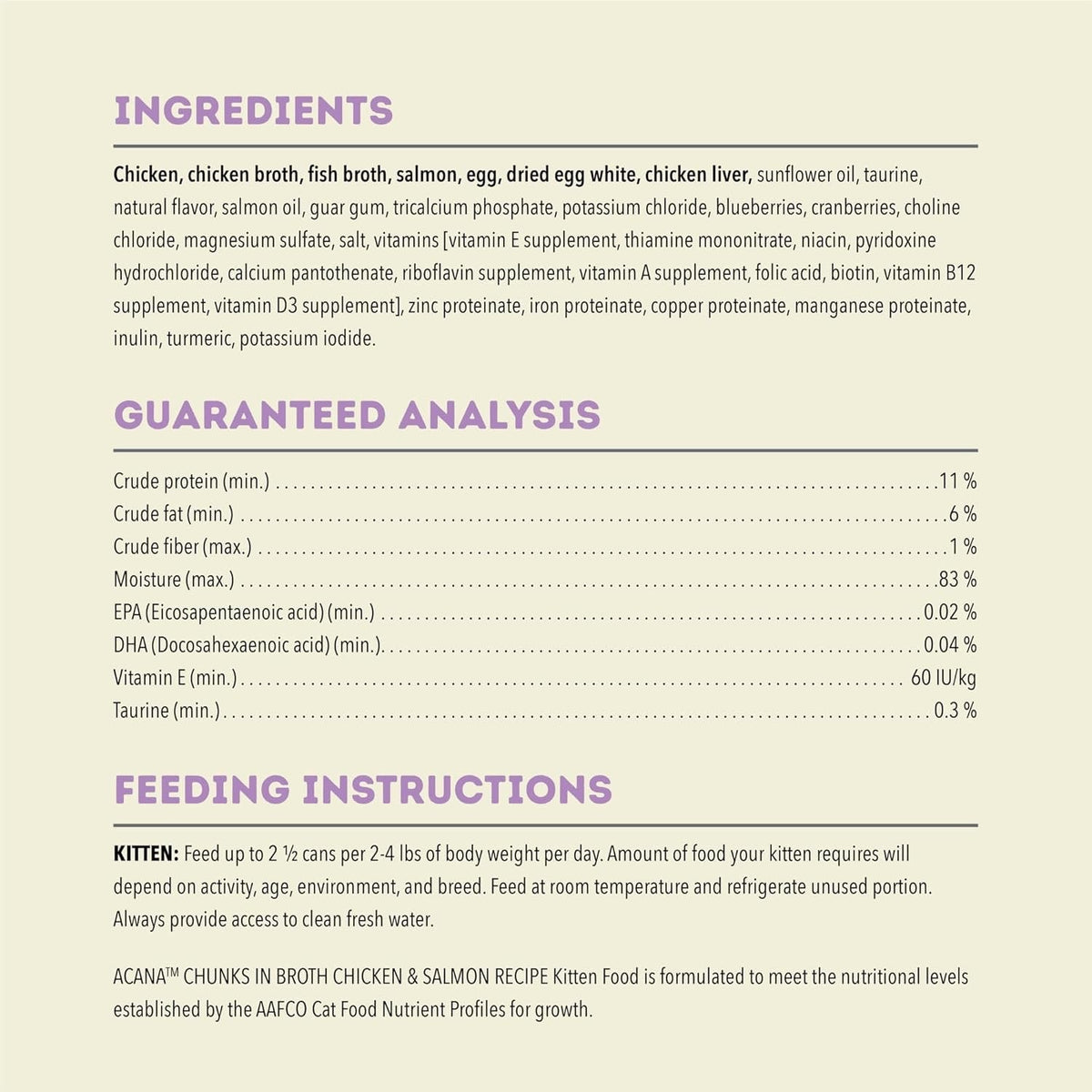 Acana wet cat food ingredients and guaranteed analysis panel