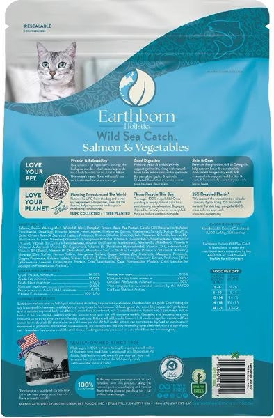 Dry cat food bag back with ingredient and feeding information text on teal panel