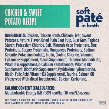 Cat soft pate pouch back label with ingredient list and calorie information