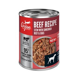 Orijen wet dog food can with Beef Recipe label and beef & eggs stew