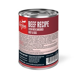 Orijen wet dog food can with back label showing ingredient and feeding info