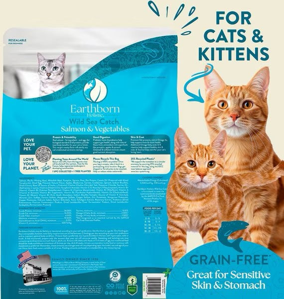 Dry cat food bag for cats and kittens with cat graphics and grain-free label