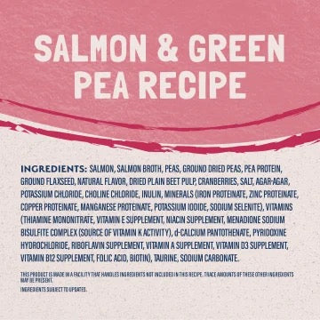 Back label with ingredients text for salmon and green pea recipe cat food can