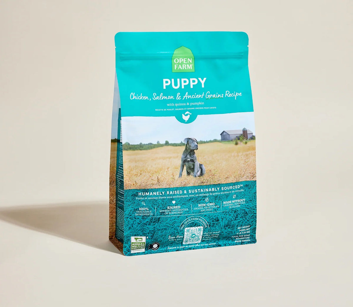 Open Farm Puppy dry dog food bag, chicken salmon and ancient grains recipe