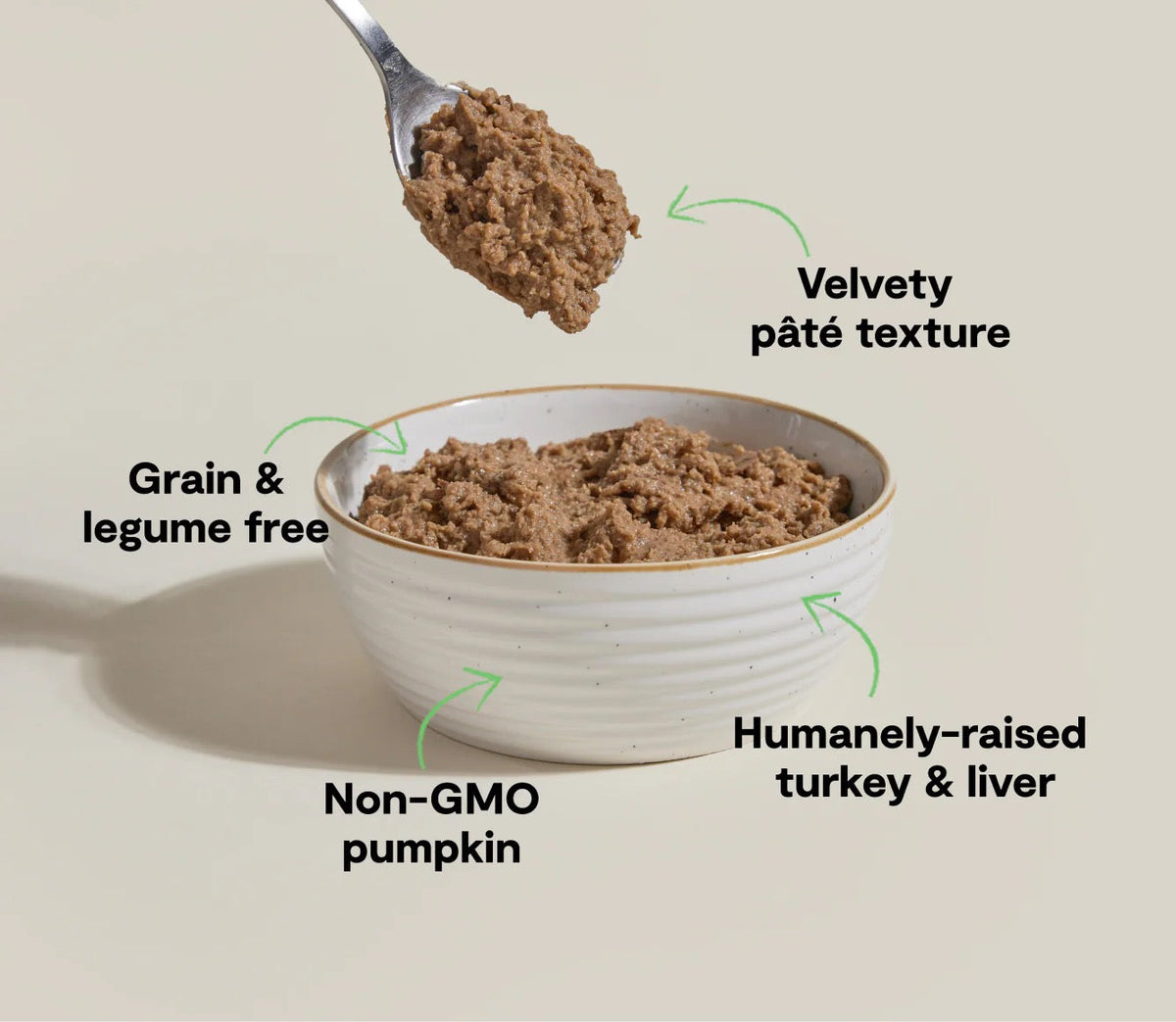 Open Farm grain-free turkey pate cat food in a bowl with spoonful