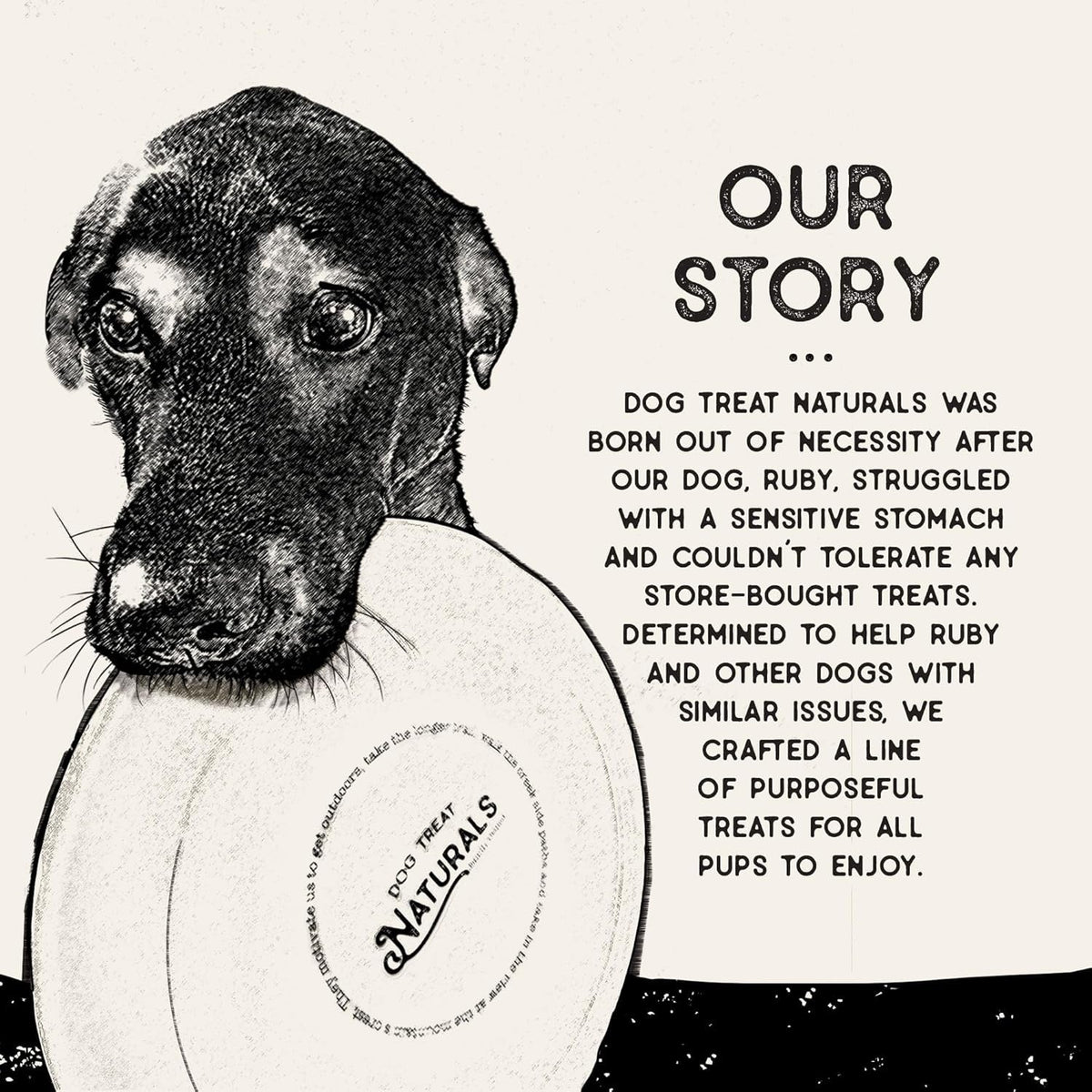 Dog treat brand story panel with black-and-white dog portrait and Our Story headline