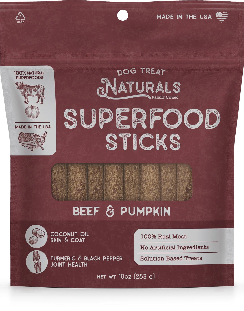 Dog treat pouch with maroon front and window showing beef & pumpkin sticks