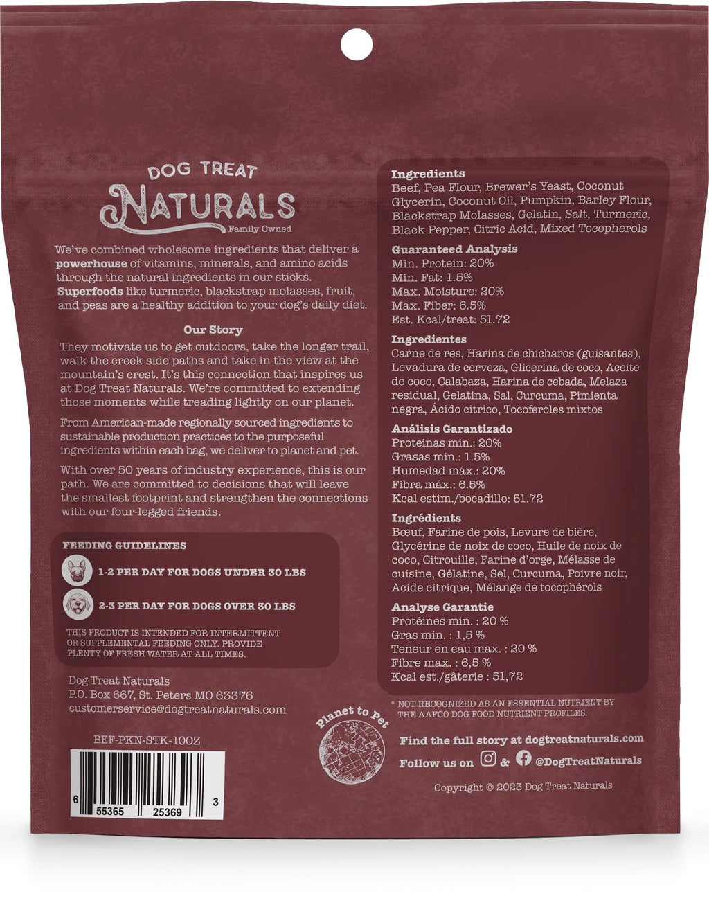 Dog treat pouch back panel with ingredients, feeding guidance, and nutrition details