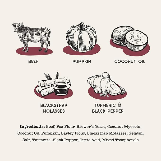 Dog treat ingredients illustration with beef, pumpkin, coconut oil, blackstrap molasses, and pepper