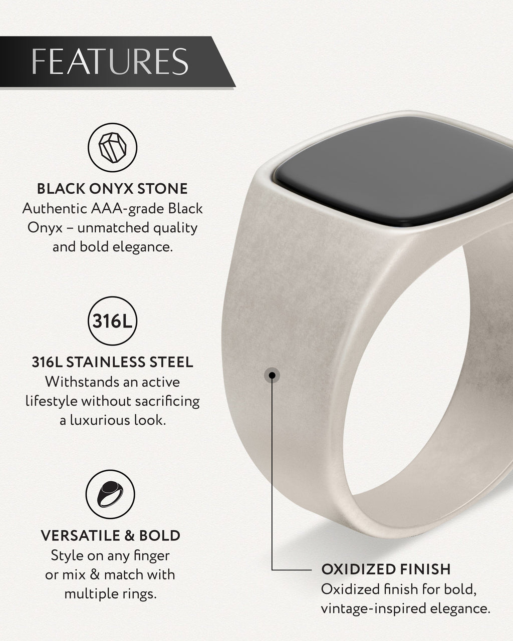 Cushion black onyx signet ring with square-oval dark stone in silver-tone bezel.