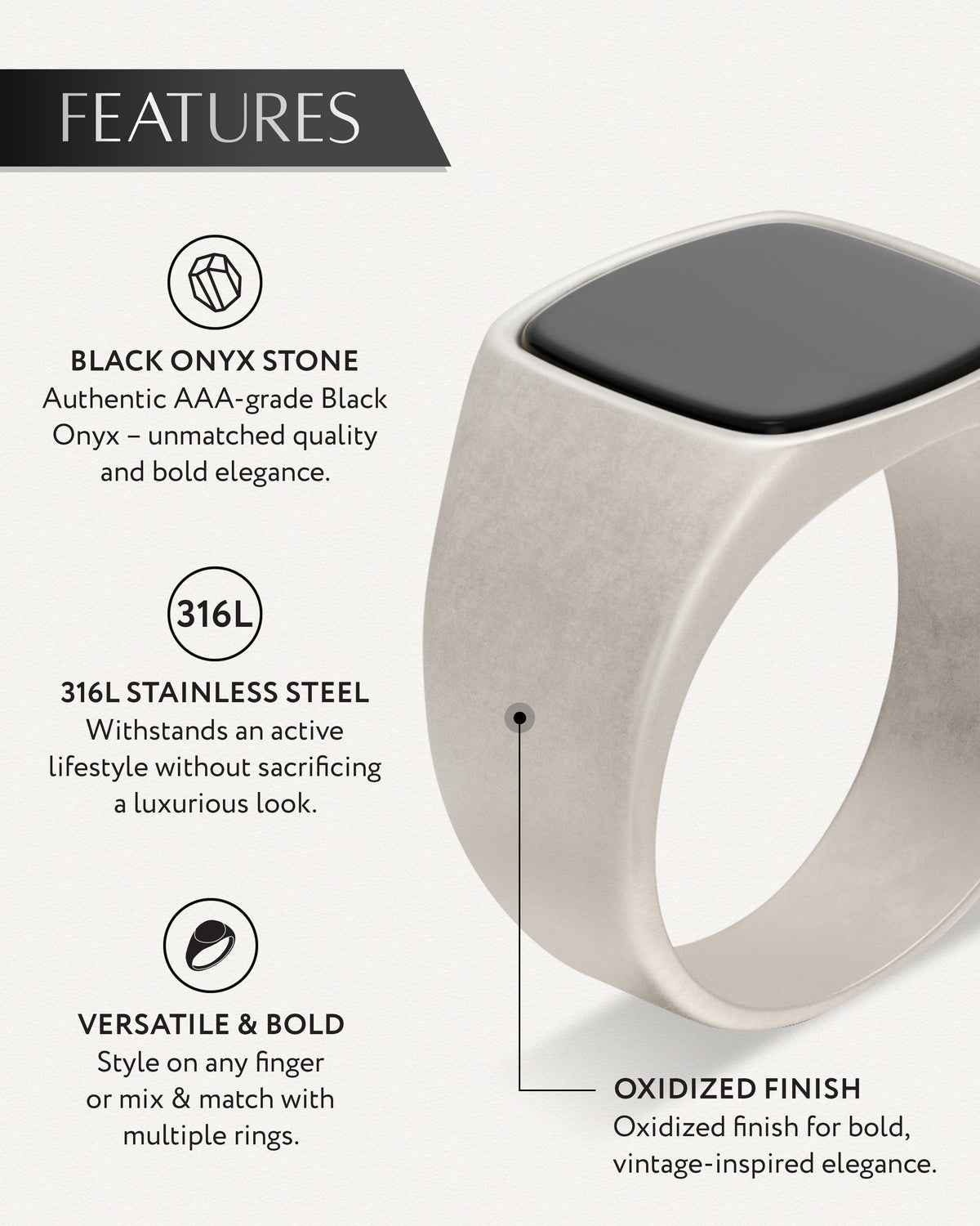 Cushion black onyx signet ring with square-oval dark stone in silver-tone bezel.