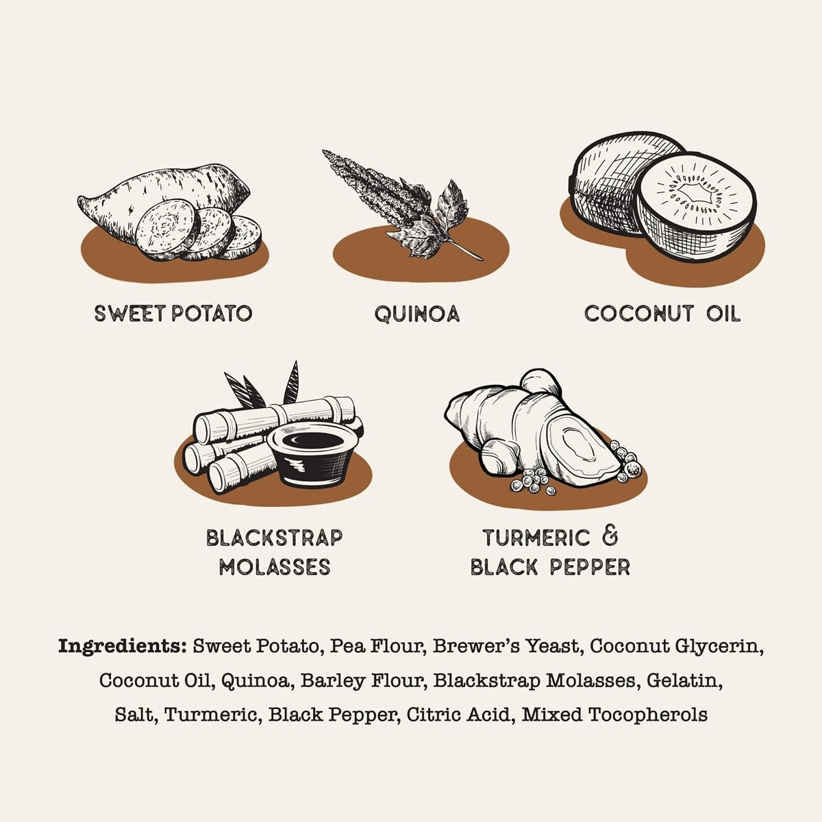 Dog treat ingredient icons: sweet potato, quinoa, coconut oil, blackstrap molasses