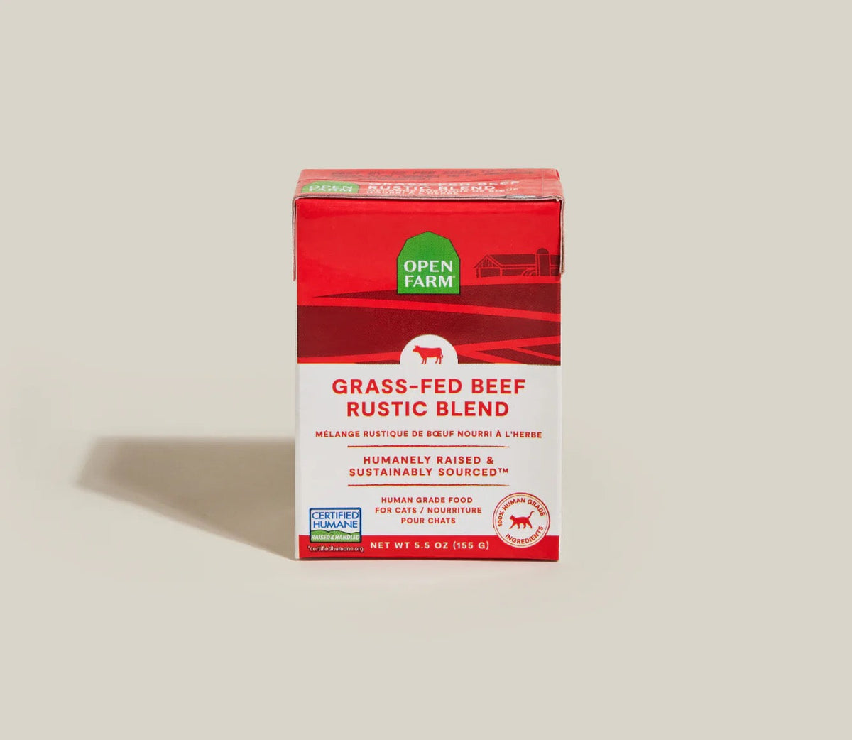 Wet cat food box, red Open Farm Grass-Fed Beef Rustic Blend packaging, 5.5 oz