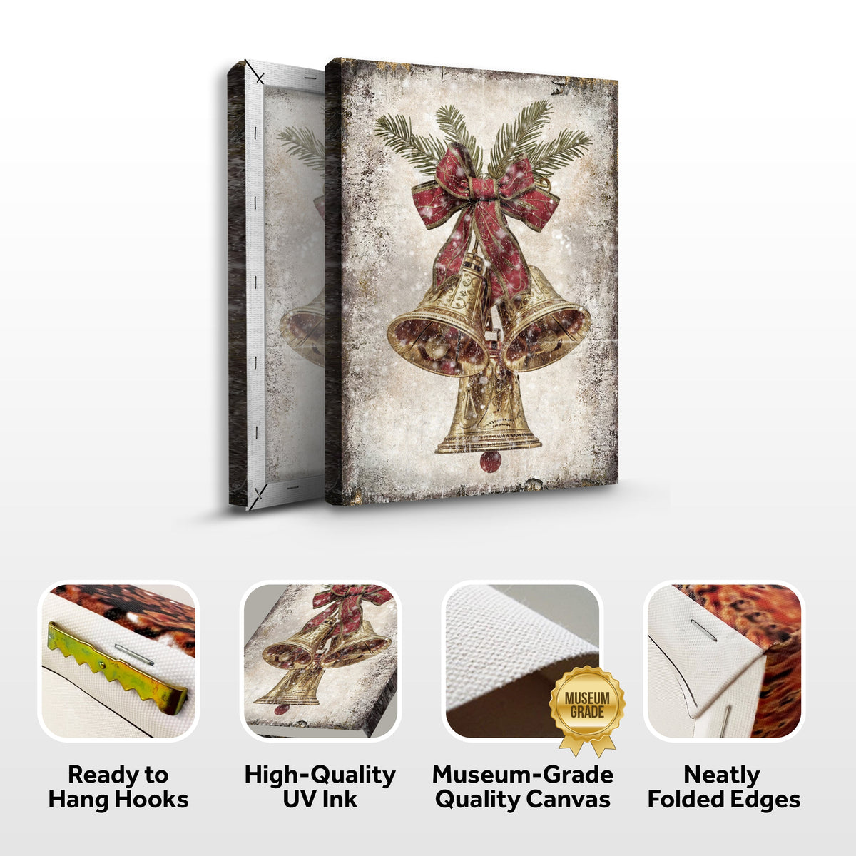 Folded canvas wall art set featuring gold bells with red bow and quick-hang hooks
