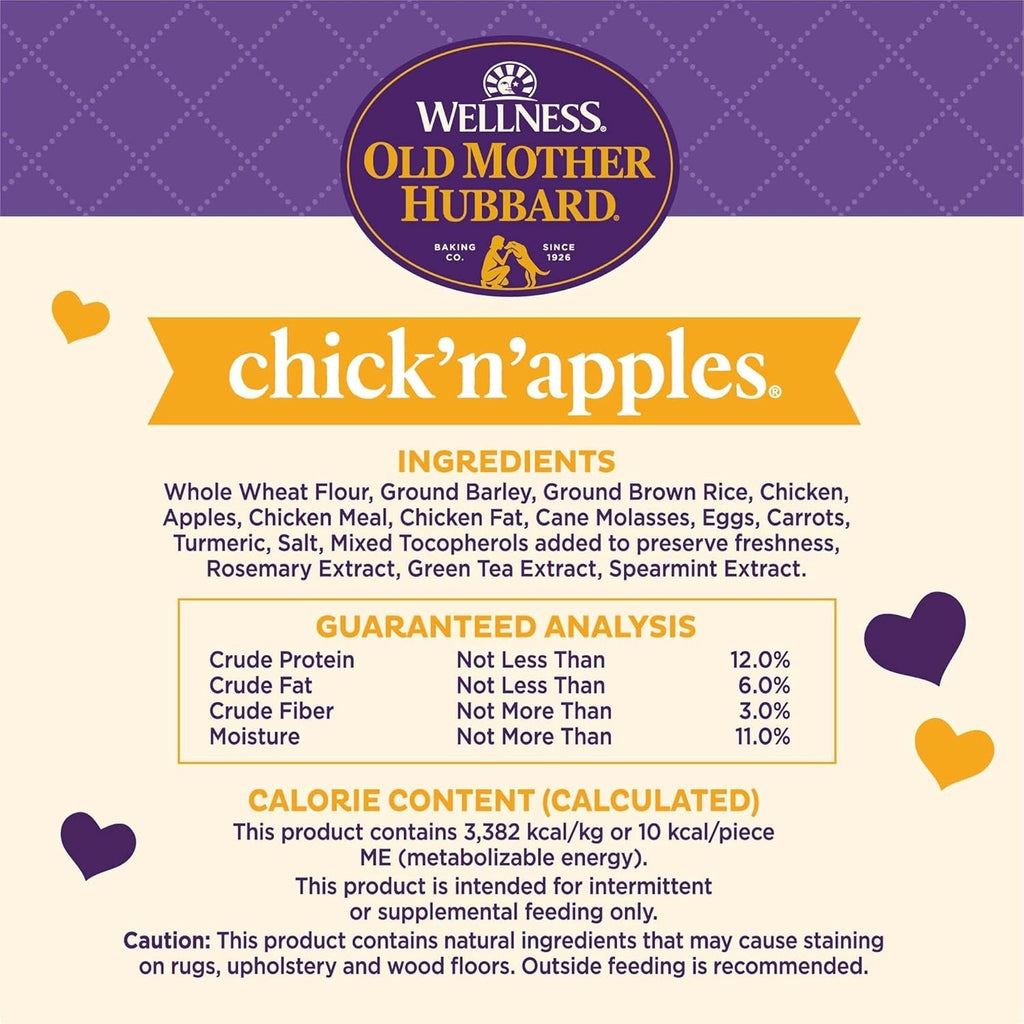 Old Mother Hubbard chick'n'apples mini dog treats back panel with ingredients and analysis