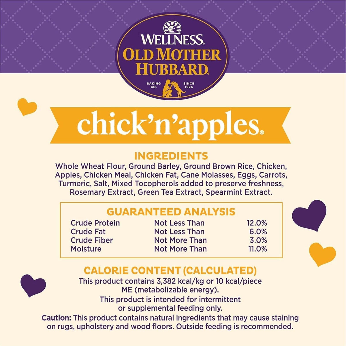 Old Mother Hubbard chick'n'apples mini dog treats back panel with ingredients and analysis