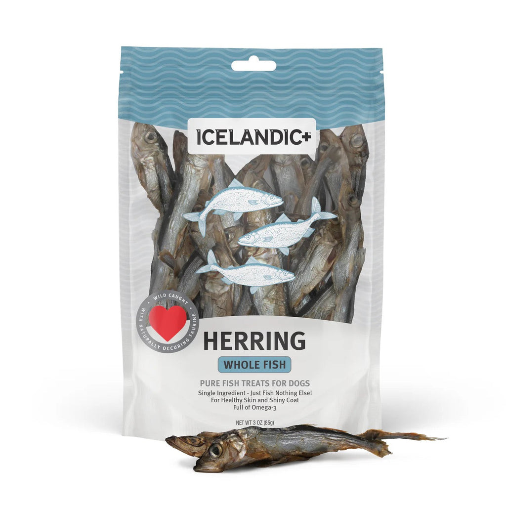 Herring whole fish dog treat pouch with dried fish pieces
