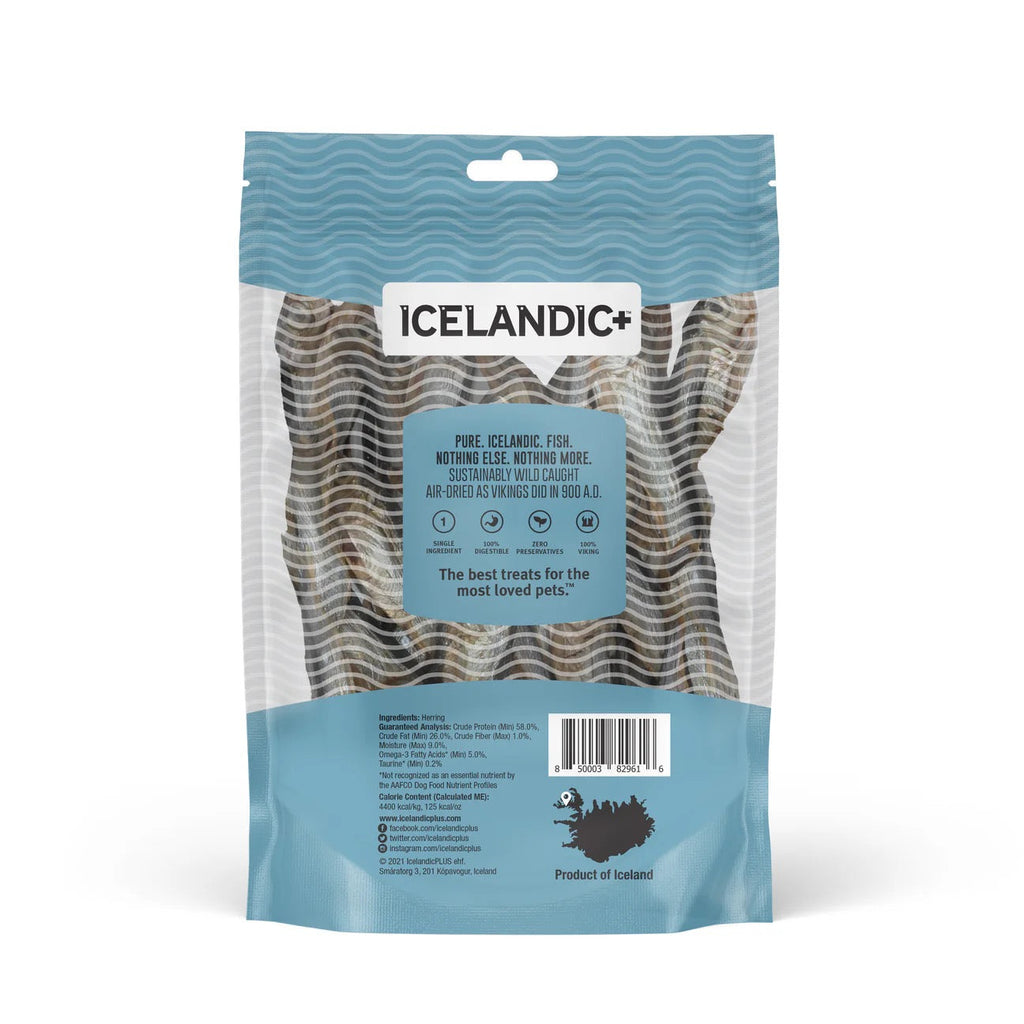 Herring whole fish dog treat pouch back with barcode and feeding info
