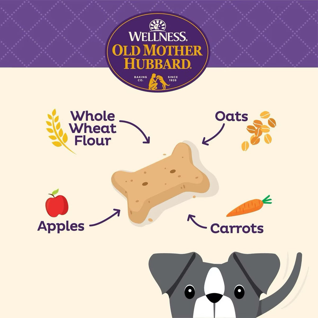 Wellness Old Mother Hubbard Hip & Joint dog treats shown with whole wheat, oats, apples, carrots