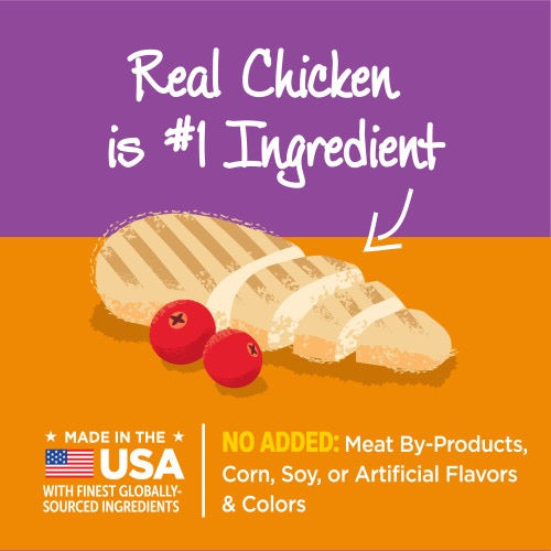Cat treat pouch panel: real chicken is #1 ingredient, no added flavors or colors