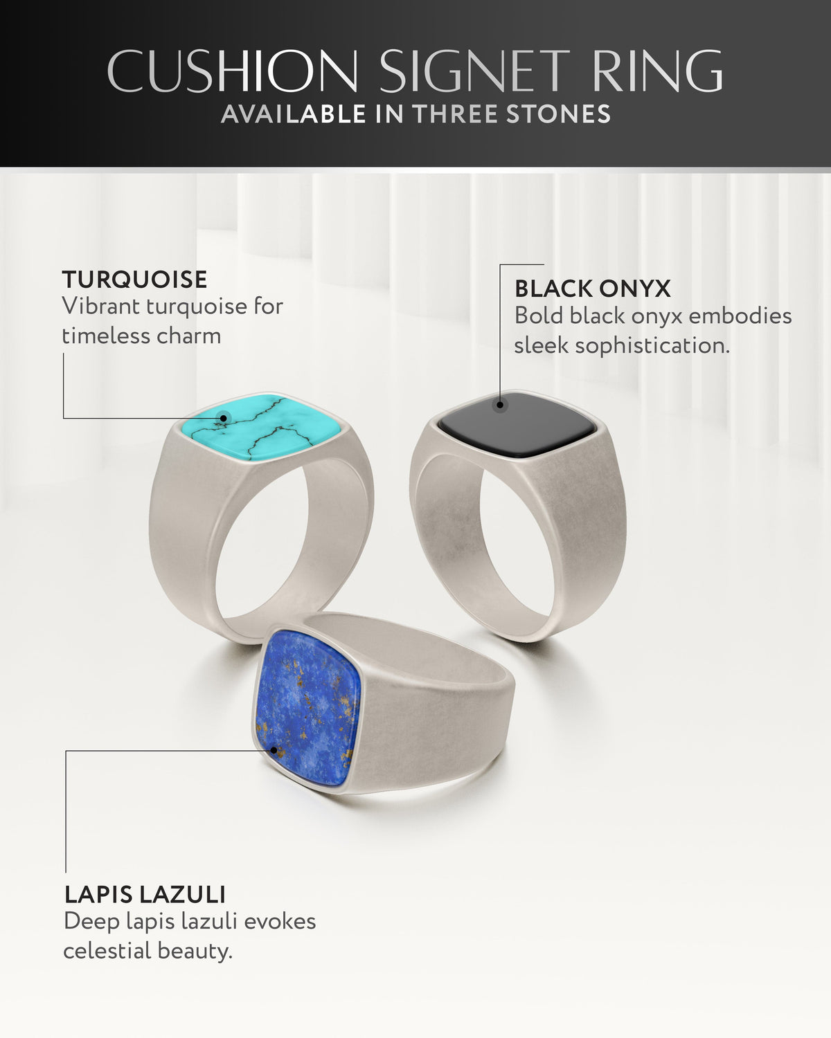 Cushion signet rings featuring black onyx and other stone options; black ring top view.